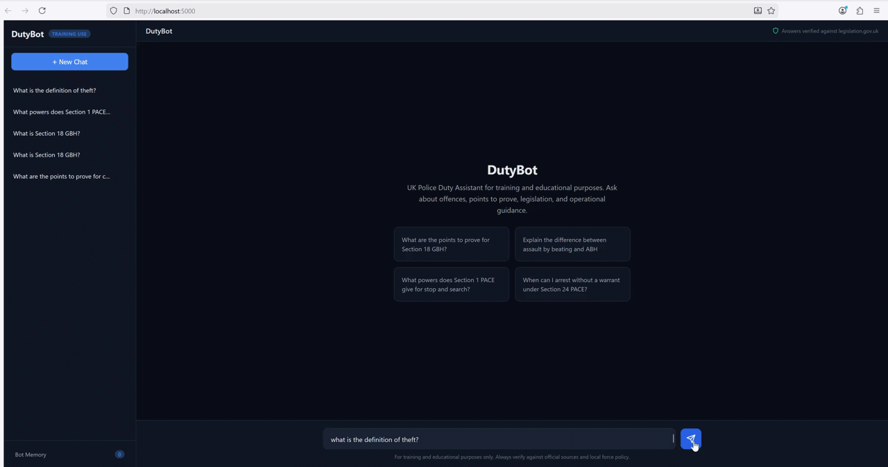 DutyBot demo — asking a UK criminal law question and receiving a source-checked answer
